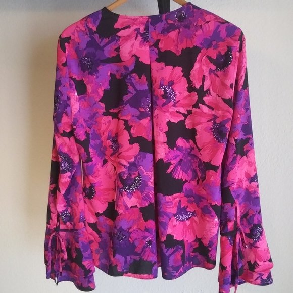 Calvin Klein Orchid Floral Button Up Bell Sleeve Blouse - Picture 7 of 8